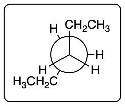 Newman projection of a staggered conformation with one ethyl and one propyl group.