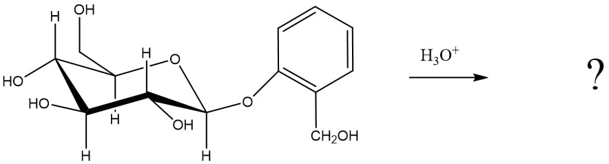 Chemical structure of Salicin undergoing acid-catalyzed hydrolysis to show products.