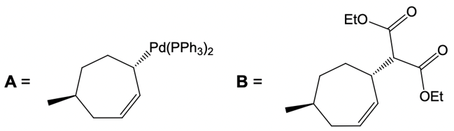 Structures of organopalladium compound A and coupling product B for the reaction.