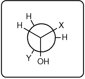 Newman projection with substituents X, H, and Y arranged around a carbon center.