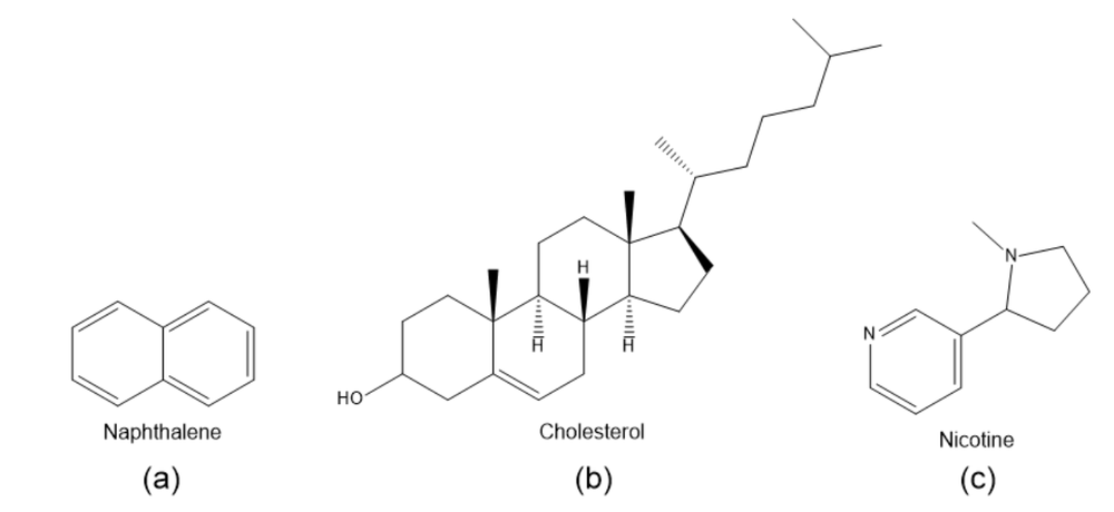 Structures of Naphthalene, Cholesterol, and Nicotine for degrees of unsaturation analysis.