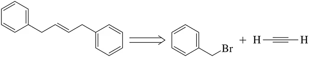 Chemical reaction diagram showing the synthesis of an alkene from benzyl bromide and acetylene.