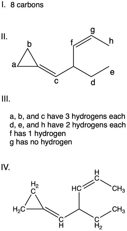 Skeletal structure with labeled carbons and hydrogen counts for 8 carbons.