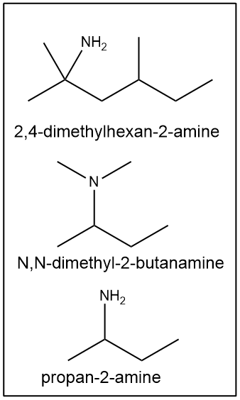 Structures for 2,4-dimethylhexan-2-amine, N,N-dimethyl-2-butanamine, and propan-2-amine.