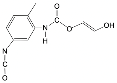 Chemical structure of a monomer formed from toluene diisocyanate and ethylene diol.