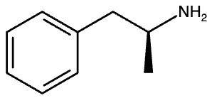 Chemical structure of amphetamine, a drug for ADHD, showing its asymmetric carbon.