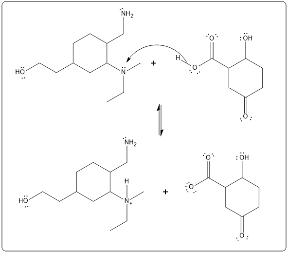 Diagram depicting electron flow in an acid-base reaction with curved arrows.