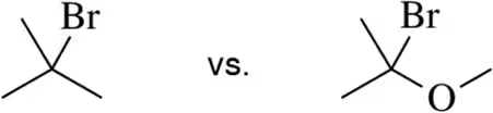 Comparison of haloalkanes with bromine and oxygen for SN1 or E1 reaction speed.