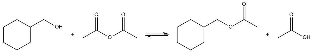 Synthesis reaction showing cyclohexylmethanol and acetic anhydride producing cyclohexylmethyl acetate.