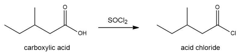 Chemical reaction showing conversion of carboxylic acid to acid chloride using SOCl2.