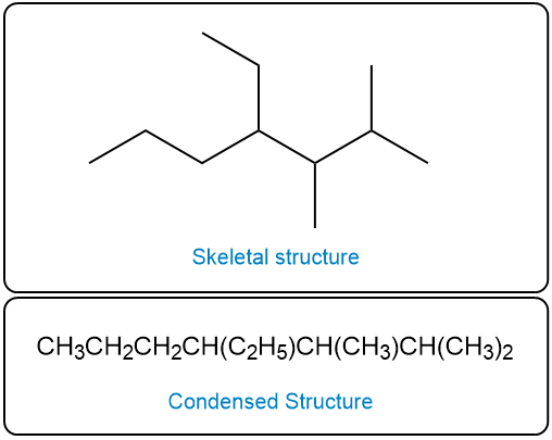 Skeletal and condensed structures for 4-ethyl-2,3-dimethylheptane.