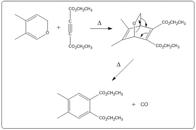 Diels-Alder reaction mechanism with electron flow and heat symbol.