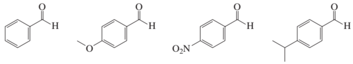 Four chemical structures are displayed, showing various compounds for ranking their reactivity toward nucleophilic addition.