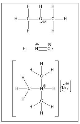 Lewis structures for (CH3)2OH+, HNC, and (CH3)3NHBr with formal charges.