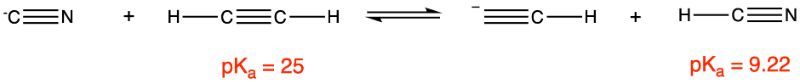 Chemical reaction showing acetylene and cyanide ion with pKa values for acid-base equilibrium.