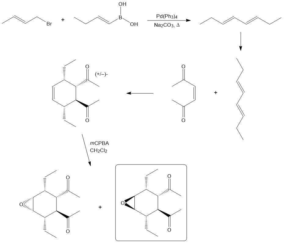 Reaction scheme illustrating Diels-Alder synthesis with reactants and products.