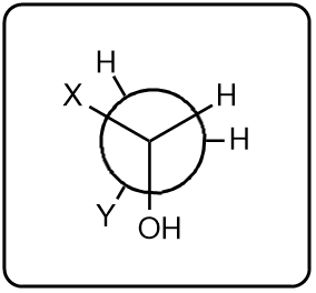 Initial Newman projection with substituents X, Y, and H around a carbon center.