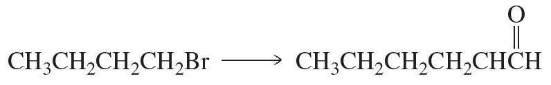 Chemical reaction showing the conversion of a bromoalkane to a carbonyl compound with a six-carbon chain.