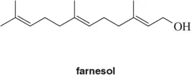 Chemical structure of farnesol, a terpene, showing isoprene units and hydroxyl group.