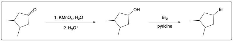 Synthetic scheme depicting oxidation and bromination steps for 4-bromo-1,2-dimethylcyclopentane.