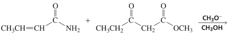 Chemical reaction diagram showing the Michael addition of two reactants with structural formulas and products indicated.