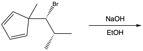 E2 elimination reaction mechanism showing reactants and products with stereochemistry considerations.