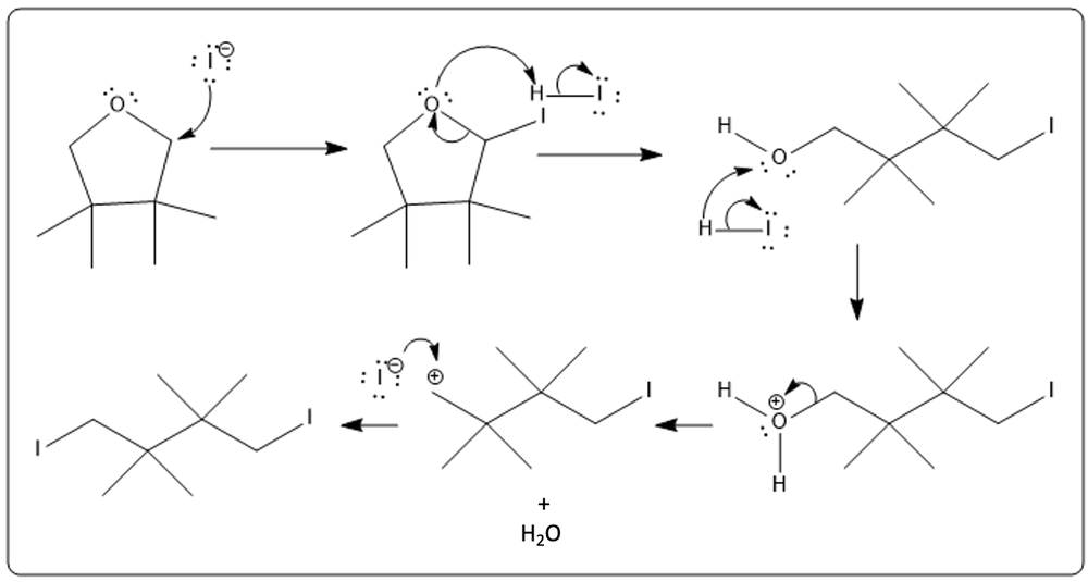 Ether cleavage mechanism diagram illustrating electron movement and resulting products, including water.