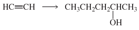 Reaction scheme showing the conversion of an alkyne to a primary alcohol with a four-carbon chain.