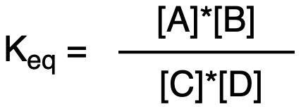 Equilibrium constant expression: Keq = [A]*[B]/[C]*[D].