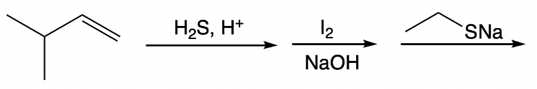 Reaction scheme showing 3-methyl-1-propene with reagents H2S, H+, I2, and NaOH.