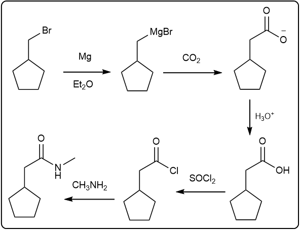 Detailed synthetic pathway for carboxylation with multiple steps and reagents.