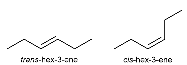 Structural formulas of trans-hex-3-ene and cis-hex-3-ene for comparison of melting points.