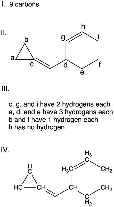 Skeletal structure with labeled carbons and hydrogen counts for 9 carbons.