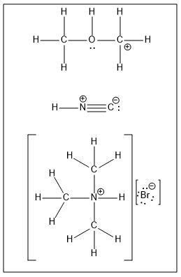 Lewis structures for (CH3)2OH+, HNC, and (CH3)3NHBr with formal charges.