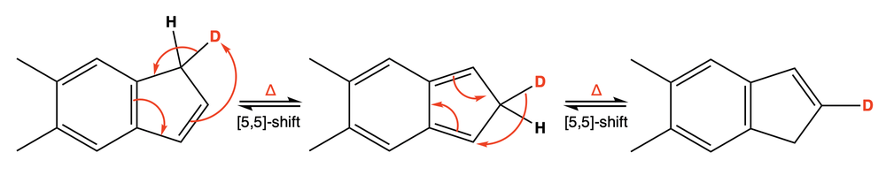 Illustration of a [5,5]-shift mechanism with deuterium movement in a five-membered ring.