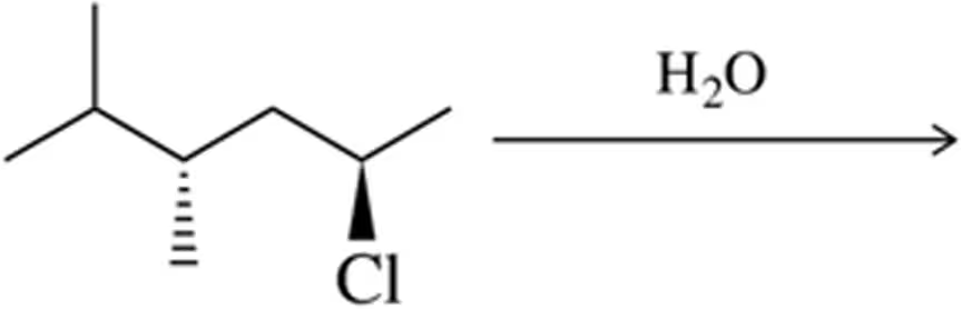 Chemical structure showing a chlorine atom on a carbon chain with water as a reactant, indicating a substitution reaction.