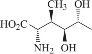 Fischer projection of a chiral molecule showing its structural formula with functional groups.