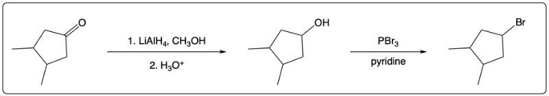 Synthetic scheme illustrating reduction and bromination steps for 4-bromo-1,2-dimethylcyclopentane.