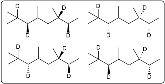 Four possible products of hydrogenation with deuterium atoms in different configurations.