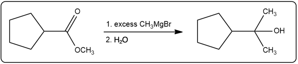 Nucleophilic acyl substitution using excess CH₃MgBr and water to yield an alcohol.