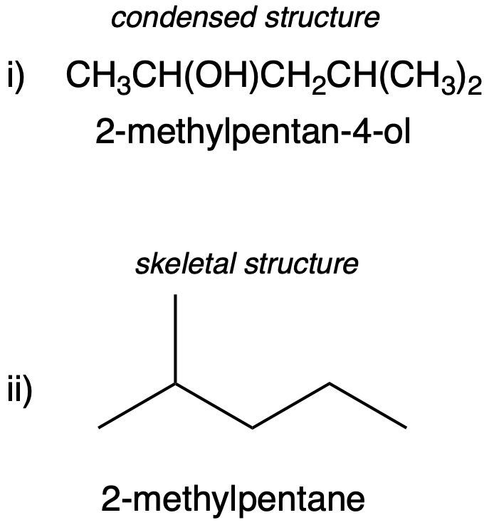 Condensed and skeletal structures of 2-methylpentan-4-ol and 2-methylpentane.