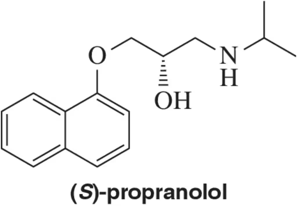 Chemical structure of (S)-propranolol, a drug for anxiety treatment, labeled with its name.