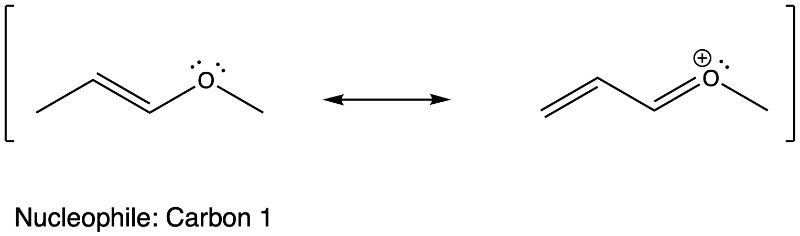 Resonance structure with nucleophile at carbon 1 and lone pair on oxygen.