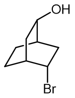 Chemical structure of a compound with OH and Br groups for elimination reaction analysis.