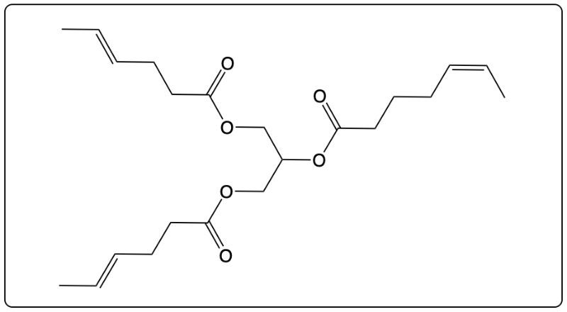 Chemical structure of a triglyceride with double bonds, no reaction indicated.