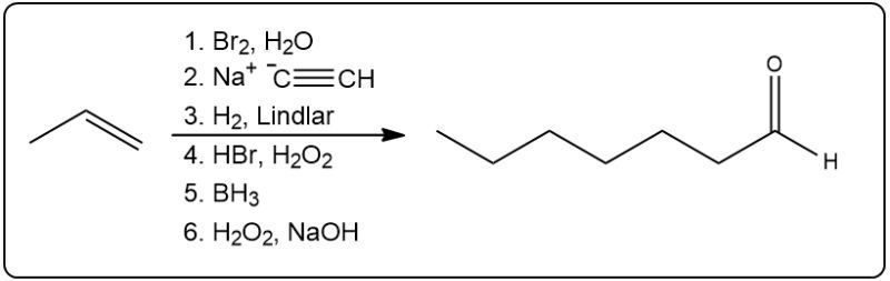 Reaction steps for synthesizing an aldehyde with different reagents and conditions.