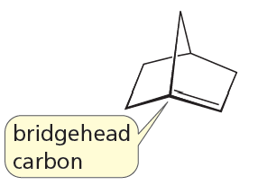 Diagram illustrating a bicycloalkene with a label pointing to the bridgehead carbon.