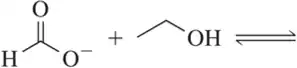 Chemical reaction showing an acid-base interaction with reactants and equilibrium arrow.