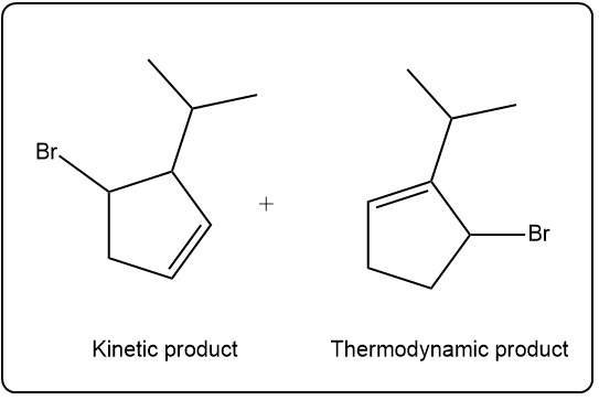 1,2-addition product labeled as kinetic and 1,4-addition product labeled as thermodynamic.