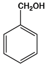 Chemical structure of benzyl alcohol showing a benzene ring with a CH2OH group attached.